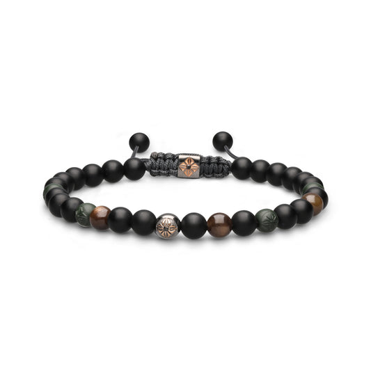 18K black rhodium plated rose gold Shamballa bracelet with black diamonds, brown sapphire, green ceramic, and onyx.